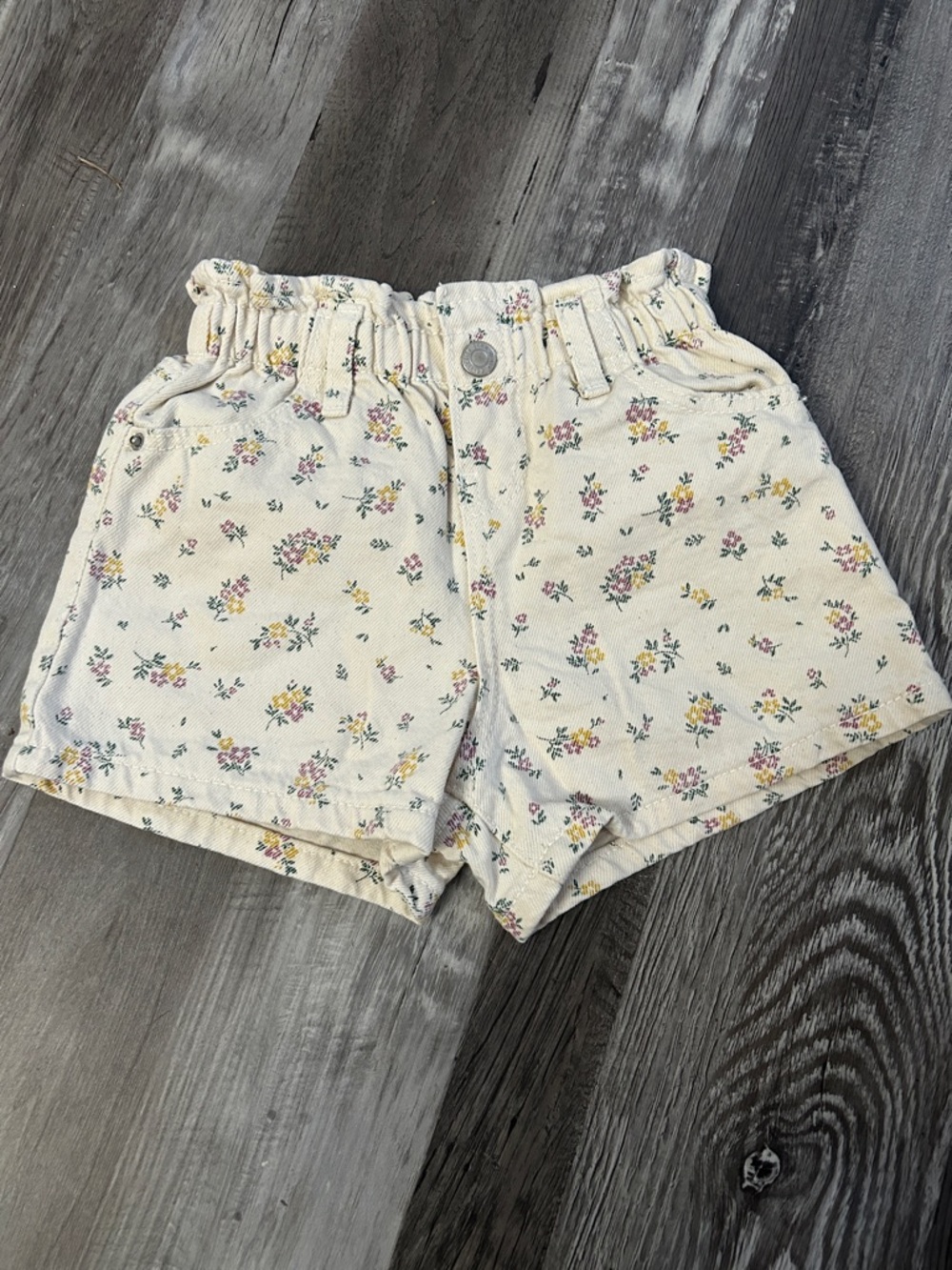 Zara Cream Floral Paperbag-Waist Shorts with Yellow & Pink Flowers